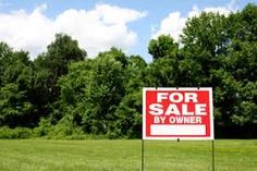 a red for sale sign sitting in the middle of a grass field next to trees