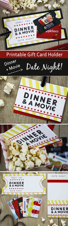 some movie tickets and popcorn on a table with the words printable gift card holder date night