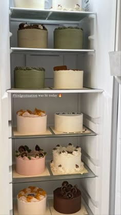 a refrigerator filled with lots of different types of cakes