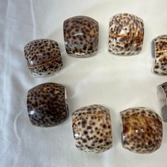 six brown and white glass beads arranged in a circle