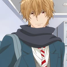 an anime character with blonde hair wearing a suit and tie, standing in front of lockers