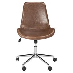 a brown leather office chair with wheels