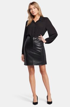 Stretchy faux leather with compression technology creates a sleek, sculpted look in this day-to-night skirt that ends at a versatile knee length. 20" length (size 8) 93% polyester, 7% elastane Machine wash, line dry Imported Night Skirt, Pocket Skirt, Black Leather Skirts, Fall Skirts, Faux Leather Skirt, Petite Outfits, Skirts With Pockets, Black Faux Leather, Casual Outfit