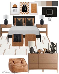 a bedroom is shown with brown and black accents