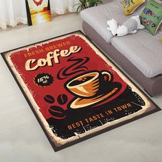 a coffee rug is on the floor next to a couch