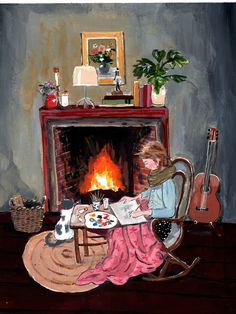 a painting of a woman sitting in front of a fire place with a guitar on the table