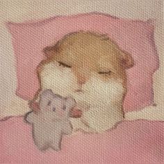 a painting of a dog and a cat sleeping on a pink bed with the covers pulled down