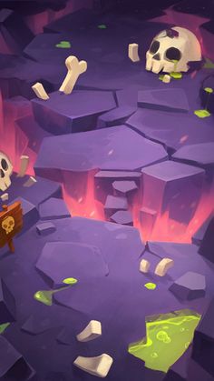 an image of a game scene with skulls and bones on the ground in front of purple rocks