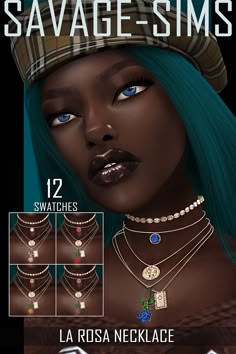 an advertisement for the new collection of necklaces and jewelry from savge - sims