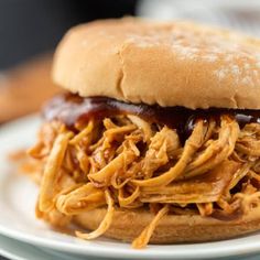 a pulled pork sandwich with bbq sauce on a white plate