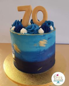 70th birthday cake, male cake, blue and gold cake, ombre cake Gold 70th Birthday Cake, 70 Birthday Cake For Men, Blue And Gold Cake, Moana Birthday Cake, Happy 70th Birthday, Bento Cakes