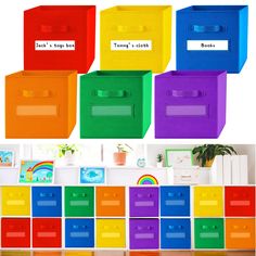 colorful storage bins with labels on them for children's books and toys in different colors