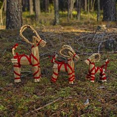 three wooden horses tied up in the woods