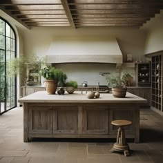 a kitchen with an island and potted plants on the counter top in front of a large window