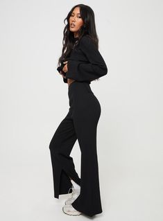 Pants  100% viscose  Ribbed knit material  Elasticated waistband  Wide leg Slit at hem  Good stretch  Unlined Ribbed Pants, Pink Formal Dresses, Fleece Dress, Black Pants Casual, Sweatshirt Set, Outerwear Outfit, Strapless Tops, Loungewear Sets, Knit Sweatshirt