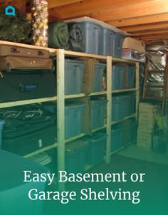 the garage shelving is organized with plastic bins