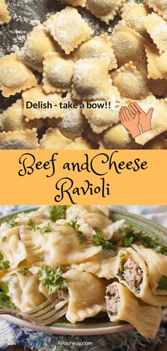 an image of ravioli with cheese and parmesan bread on top, and the title overlay reads delish taker bowl beef and cheese ravii