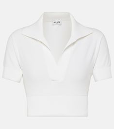 Cropped polo shirt in white - Alaia | Mytheresa Polo Shirts Women's Outfit, Tiny Tops, Soft Preppy, Cropped Knit Top, Virgo Rising, Cropped Polo Shirt, Expensive Stuff, Crop Top Outfit, Cropped Polo