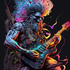 a man with long hair playing an electric guitar in front of a black background and colorful swirls