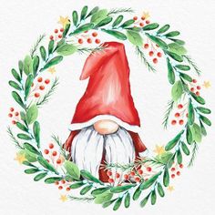 a watercolor painting of a gnome's head surrounded by greenery and berries