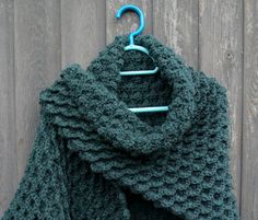 a green knitted scarf hanging from a hook on a wooden fence next to a blue hanger