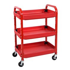 a red utility cart with three shelves and two wheels on the bottom shelf is shown in front of a white background