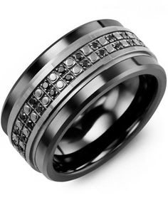 a black and white diamond set wedding ring with two rows of diamonds in the center