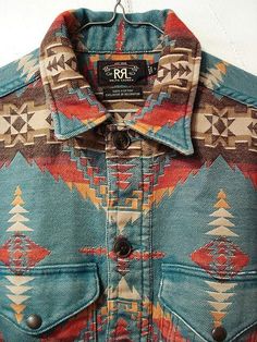 RRL Native American Print, looks like a good winter working shirt:) Aztec Shirt, Blanket Jacket, Dress Sweater, Outfit Casual, Blue Jean, Hippie Style, Shirt Pattern