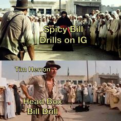 two pictures with words that say, spicy bill drills on ig tim herron head box bill drill