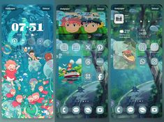 three smartphones with cartoon images on them