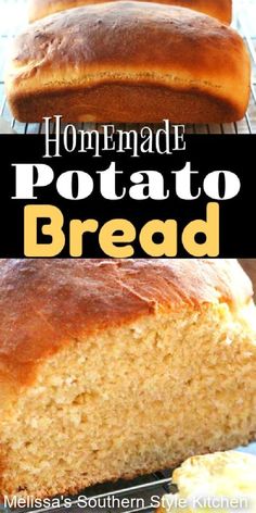 homemade potato bread on a cooling rack with text overlay