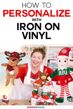 a woman in an apron with stuffed animals on her lap and the title how to personalize with iron on vinyl