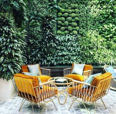 a group of chairs sitting next to each other on top of a stone floor in front of a lush green wall