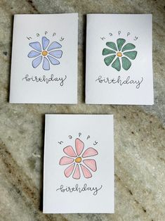 three cards with flowers on them that say happy birthday