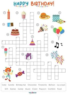 a crossword puzzle with birthday items on it