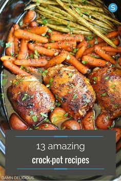 chicken, carrots and asparagus in a crock pot on the stove