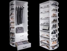 two white closets with shoes and handbags on the bottom shelves, one is open