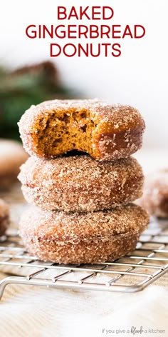 baked gingerbread donuts stacked on top of each other with the title above it