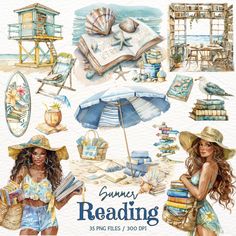 watercolor beach reading clipart set with books, umbrellas and other things to read