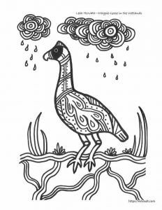 a black and white drawing of a duck in the rain