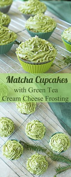 matcha cupcakes with green tea cream cheese frosting on a cooling rack