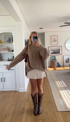 Fall outfit inspo Cowboy Boots Thanksgiving Outfit, Cowboy Boot Thanksgiving Outfit, Cowgirl Boots Thanksgiving Outfit, Fall Closet Aesthetic, Classy Comfy Outfits Casual, Basic Thanksgiving Outfit, Cold Weather Cowgirl Boots Outfit, Women’s Going Out Outfits Fall, Burnt Orange Vest Outfit