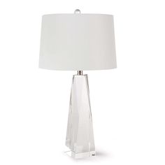 a clear glass table lamp with a white shade