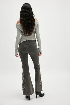 So special in a vintage-inspired design, these classic denim jeans from Driftwood are featured in a high-rise, flare silhouette with exaggerated floral embroidery at sides for added dimension. * Zip-fly and button closure * Five pocket design * Soft, stretch denim | Driftwood Farrah Embroidered Flare Jeans at Free People in Grey, Size: 27 Timeless Jeans, All Jeans, Grey Wash, Vintage Inspired Design, Jean Grey, Bottom Clothes, Pocket Design, Boho Outfits, Jeans Shop