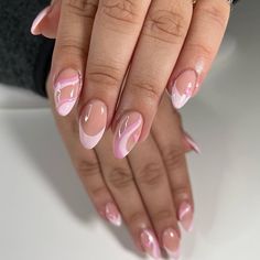 Trending Pink Almond Nails designs ideas Light Pink Acrylics With Design, Pink Nail Designs Natural Nails, Pink Base Nails With Design, Pink Almond Acrylic Nails Designs, Mail Inspo Pink, Legally Blonde Nails, Pink Theme Nails, Nail Designs Trending Now Almond, Nail Designs Light Pink