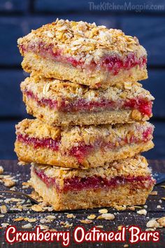 cranberry oatmeal bars stacked on top of each other with text overlay