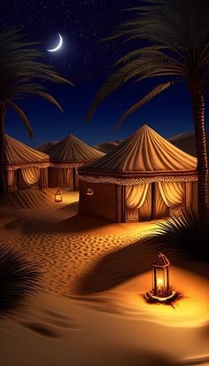 a desert scene with tents and a lantern lit up at night in the foreground