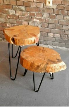 two tables made out of wood and metal legs