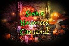 an animated halloween scene with pumpkins, candles and other decorations in the background text reads simulator halloween challenge