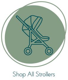 an image of a stroller with the words shop all strollers on it's side